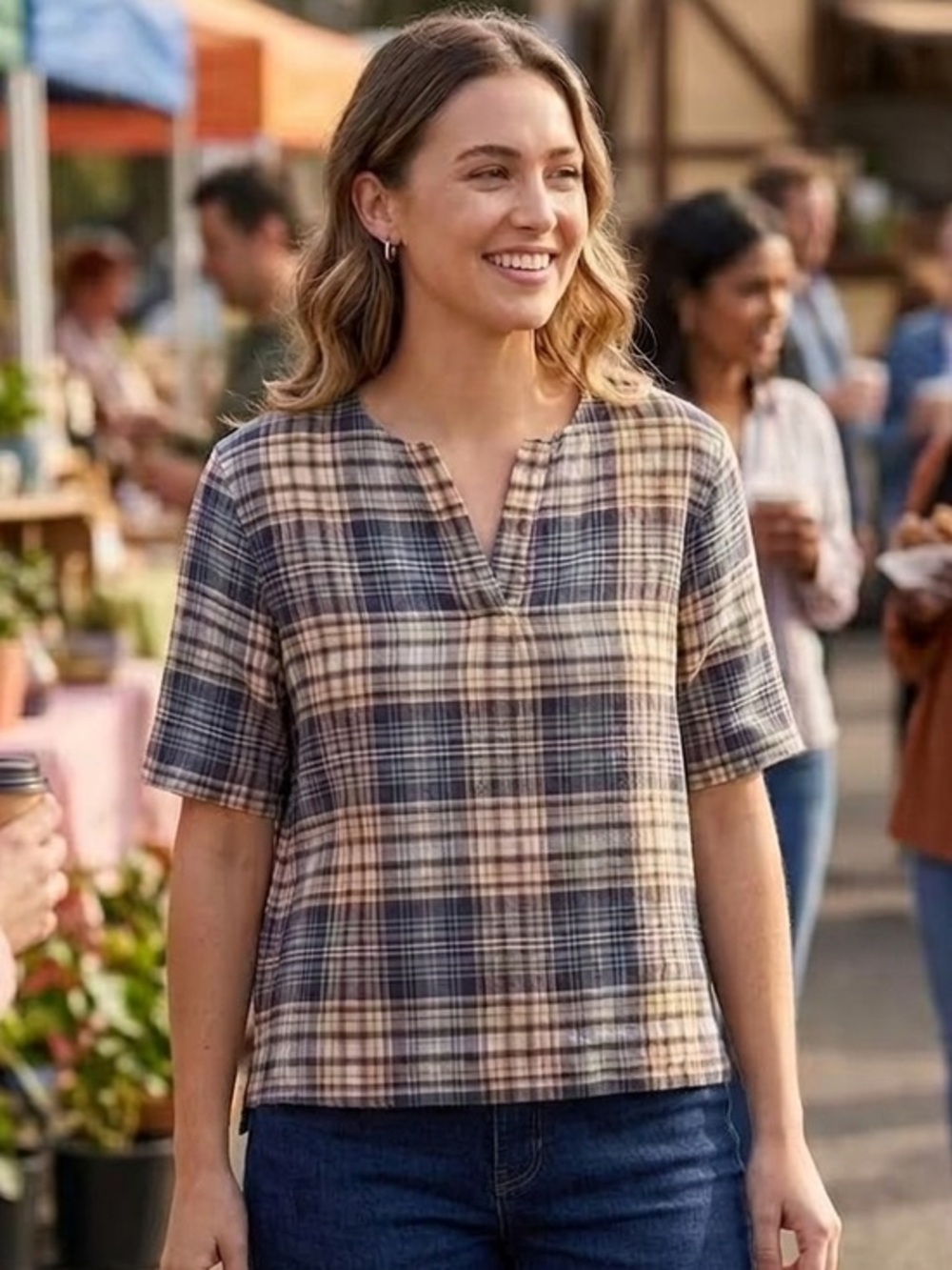 LL Bean Signature - Linen Blend Lightweight Plaid Short-Sleeve Blouse - Size M